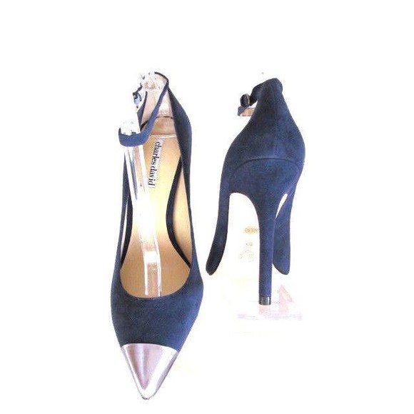 Women's Shoes Heels Designer CHARLES DAVID Blue Suede Silver Metallic Tip 8.5 M - Picture 1 of 5